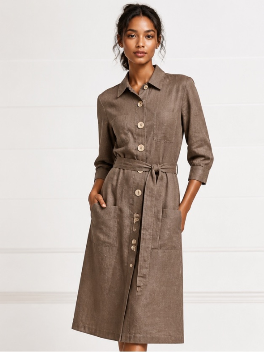 BODEN WH142 Linen Shirt Dress Button Down Brown